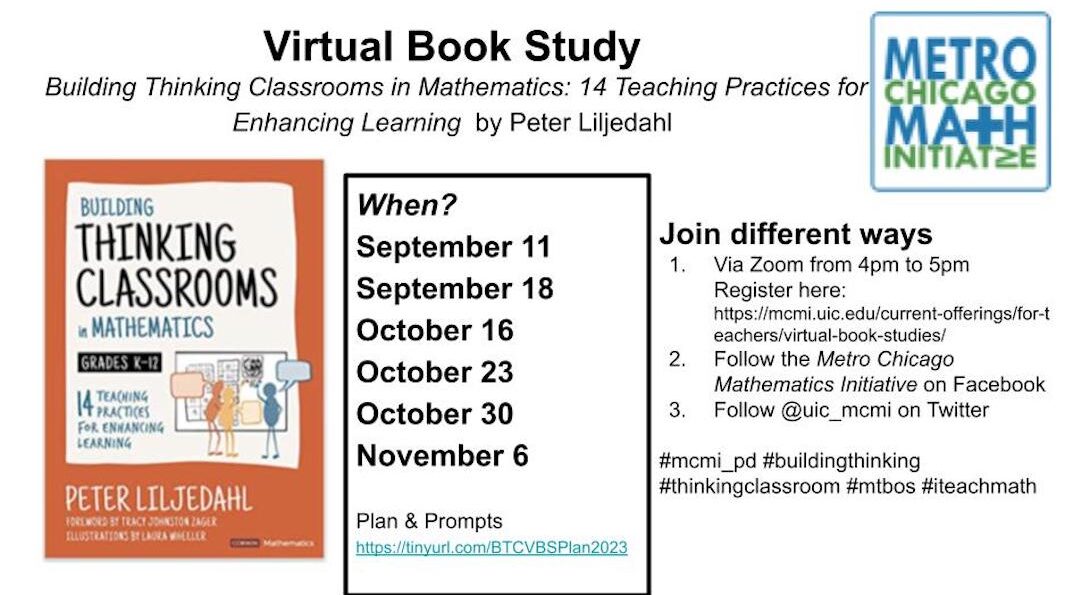 Building Thinking Classrooms in Mathematics Book Cover and Virtual Book Study Meeting Dates