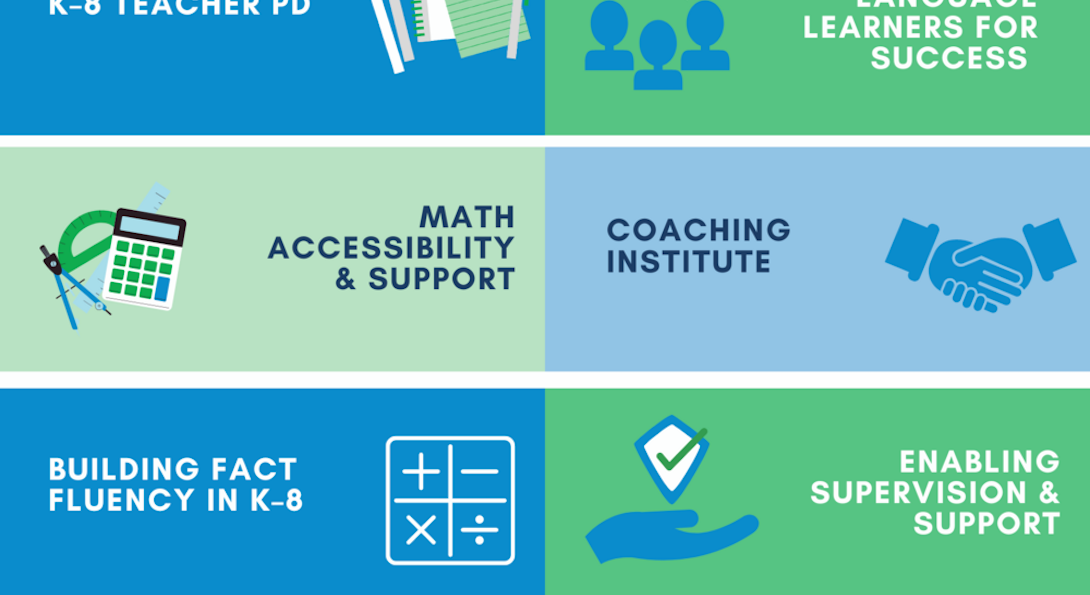 2023–24 MCMI PD Offerings: K–8 Teacher PD, Positioning Language Learners for Success, Math Accessibility and Support, Coaching, Building Fact Fluency, Enabling Supervision and Support, Math Talk Clines and Book Studies, Summer Institute