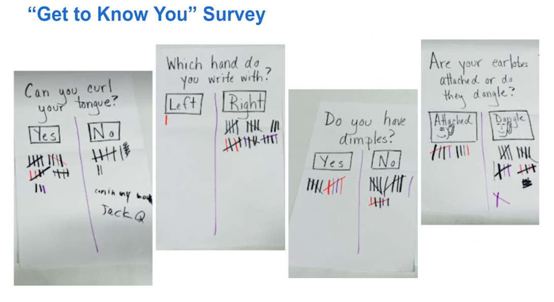 Four large post-its displaying a classes getting to know you survey results as tallies in data tables