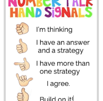 Number Take Hand Signals for I'm thinking, I have an answer and a strategy, I have more than one strategy, I agree, and Build on it!
                  