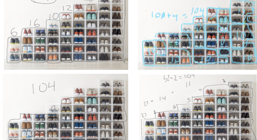 Students recorded their thinking of different ways to count a collection of shoes.