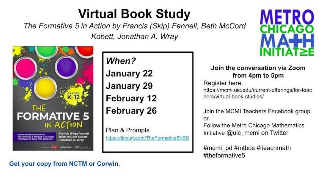 Virtual Book Study: The Formative 5 in Action, January 22, 29; February 12, 16 via Zoom from 4–5pm.