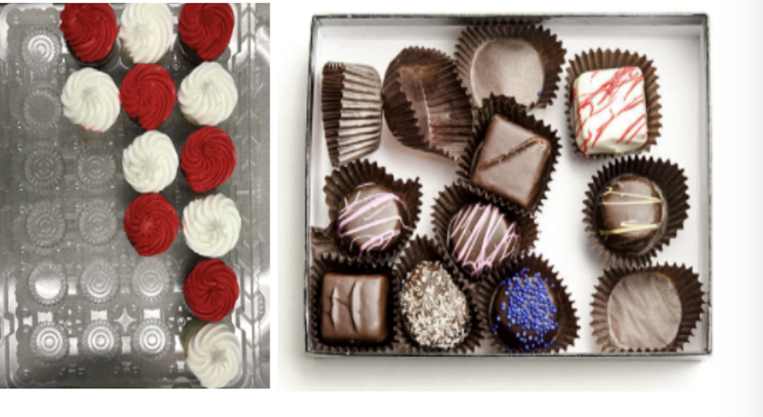 Displays of rows of alternating red and white cupcakes, and a partial box of assorted chocolates